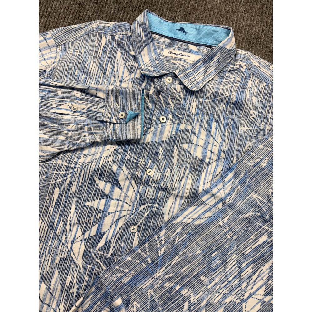 Tommy Bahama Blue White Tropical Palm Linen Blend Button Down Shirt Mens 2XLT